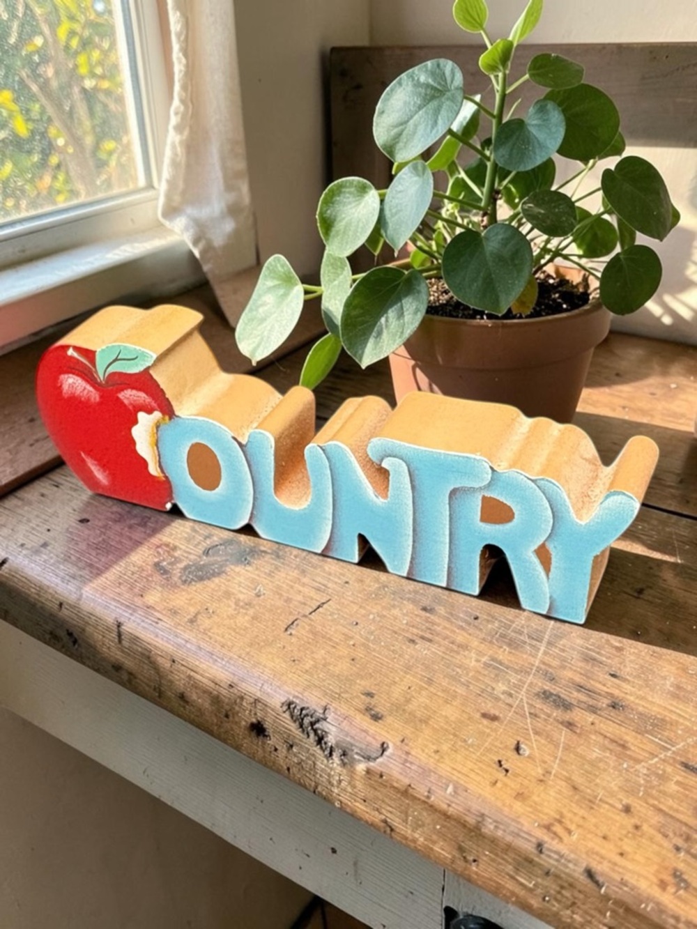 Vintage 1992 Wooden Country W/ Apple Cutout Small Table Top Decor EUC 4.75” x 2”
